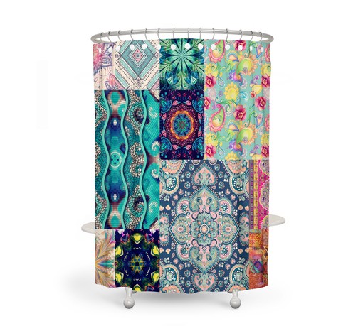 Boho Patterns Patchwork Style Shower Curtain Set with Optional Towels and Mat - Image 2