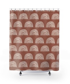 Boho Rainbow Art Shower Curtain with Brown and White Stripes for Colorful Bathroom Decor