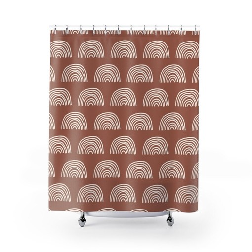 Boho Rainbow Art Shower Curtain with Brown and White Stripes for Colorful Bathroom Decor