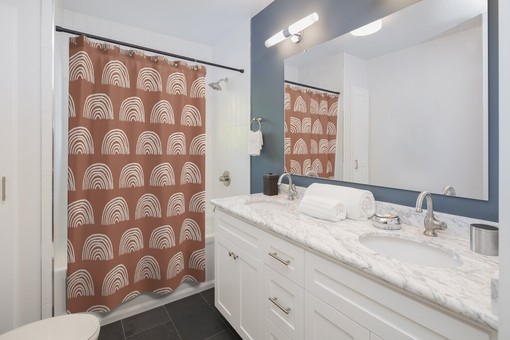Boho Rainbow Art Shower Curtain with Brown and White Stripes for Colorful Bathroom Decor - Image 2