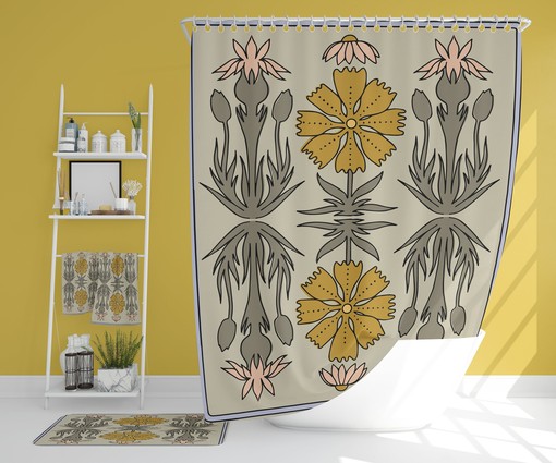Boho Retro Flowers Bathroom Decor Set including Waffle Weave Shower Curtain and Towels