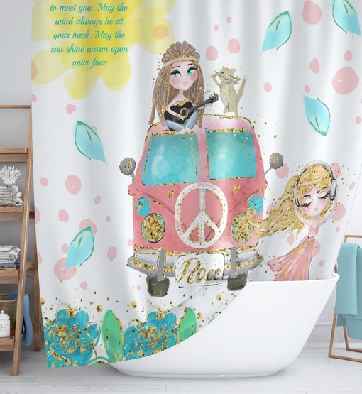 Boho Shower Curtain | Hippie Chic Blessing Design | Retro Bath Mat & Towel Option | Vintage Bathroom - Image 2