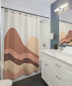Boho Shower Curtain with Abstract Mountain Print in Brown and Yellow