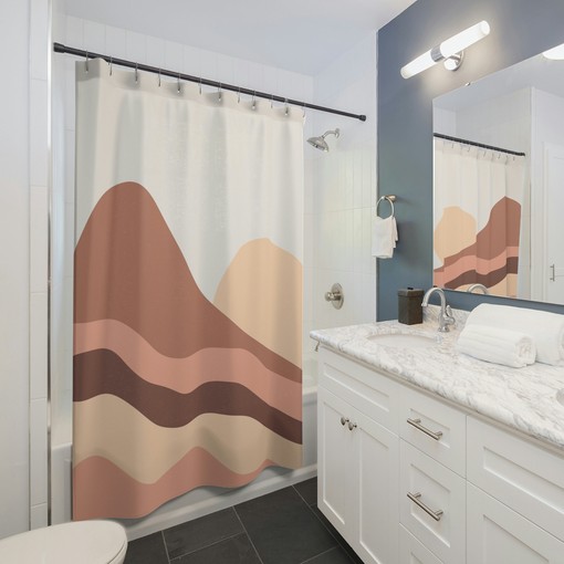 Boho Shower Curtain with Abstract Mountain Print in Brown and Yellow