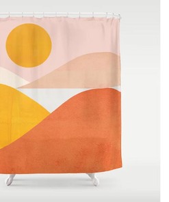 Boho Shower Curtain with Burnt Sunset Landscape and Warm Colors, Perfect for a Cozy Boho Style