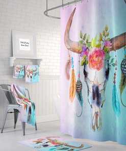 Boho Shower Curtains with Pastel Floral Bull Skull and Dreamcatcher Print