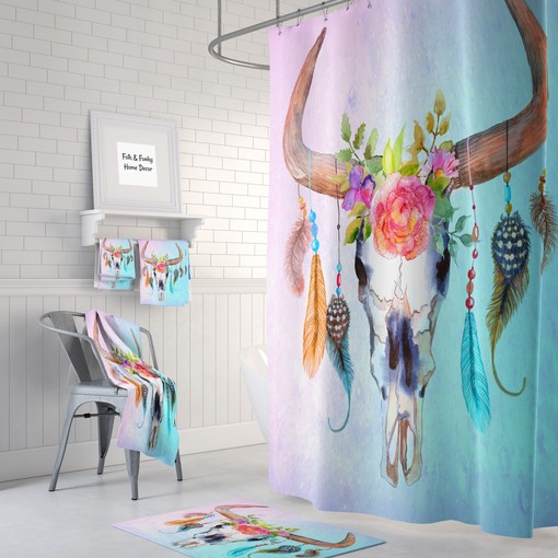 Boho Shower Curtains with Pastel Floral Bull Skull and Dreamcatcher Print