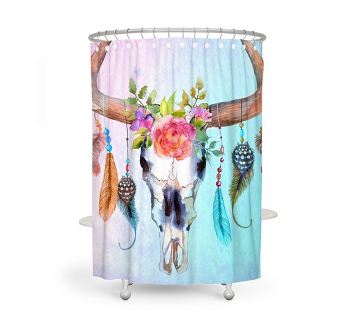 Boho Shower Curtains with Pastel Floral Bull Skull and Dreamcatcher Print - Image 2