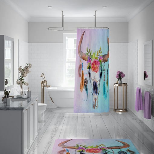 Boho Shower Curtains with Pastel Floral Bull Skull and Dreamcatcher Print - Image 3