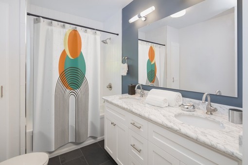 Boho Sun Orange and Teal Mid Century Modern Shower Curtain with a Touch of Retro Flair - Image 2