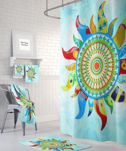 Boho Sunshine Mandala Shower Curtain / Bohemian Chic Gypsy Bath Print / Optional Bath Mat and Towels