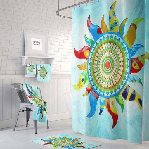 Boho Sunshine Mandala Shower Curtain / Bohemian Chic Gypsy Bath Print / Optional Bath Mat and Towels