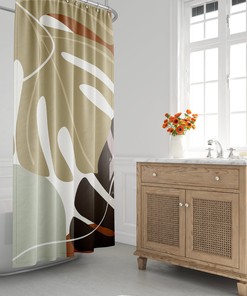 Boho Tropical Leaf Shower Curtain with Abstract Autumn Design, Contemporary Bath Decor