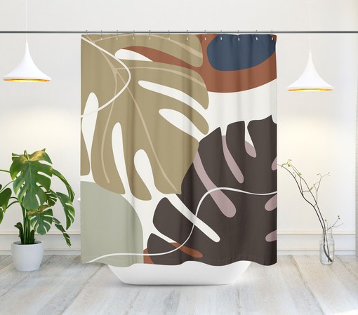 Boho Tropical Leaf Shower Curtain with Abstract Autumn Design, Contemporary Bath Decor - Image 2
