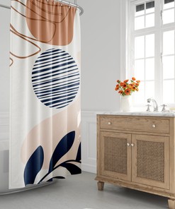 Boho Tropical Leaf Shower Curtain with Abstract Moon and Botanical Design, Minimalist Style, Stylish Bathroom