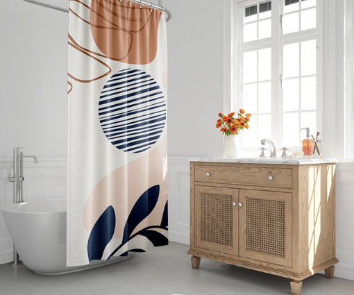 Boho Tropical Leaf Shower Curtain with Abstract Moon and Botanical Design, Minimalist Style, Stylish Bathroom