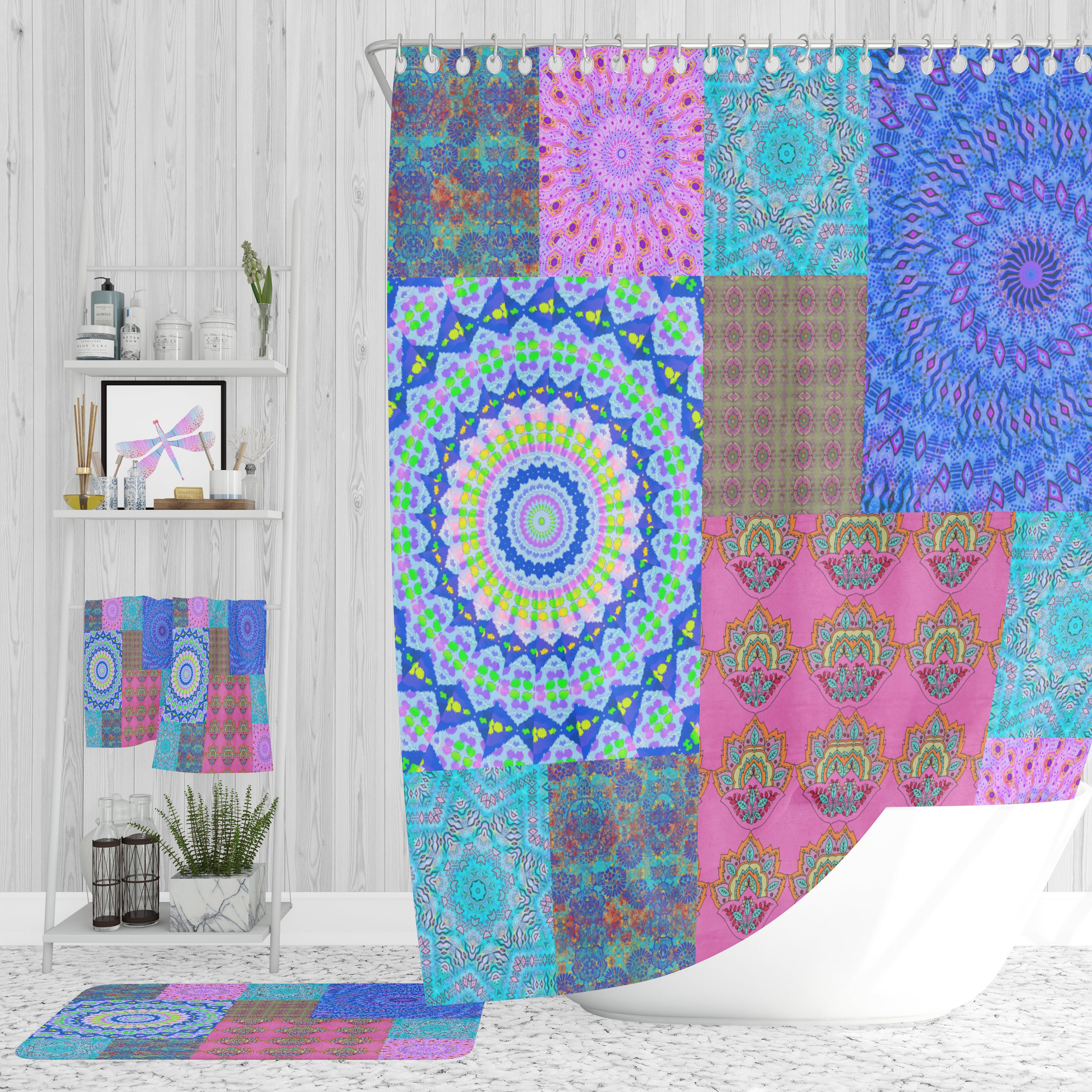 Boho Vintage Mandala Medley Shower Curtain / Unique Bohemian Bathroom Decor / Vintage-Inspired Bath Accessories