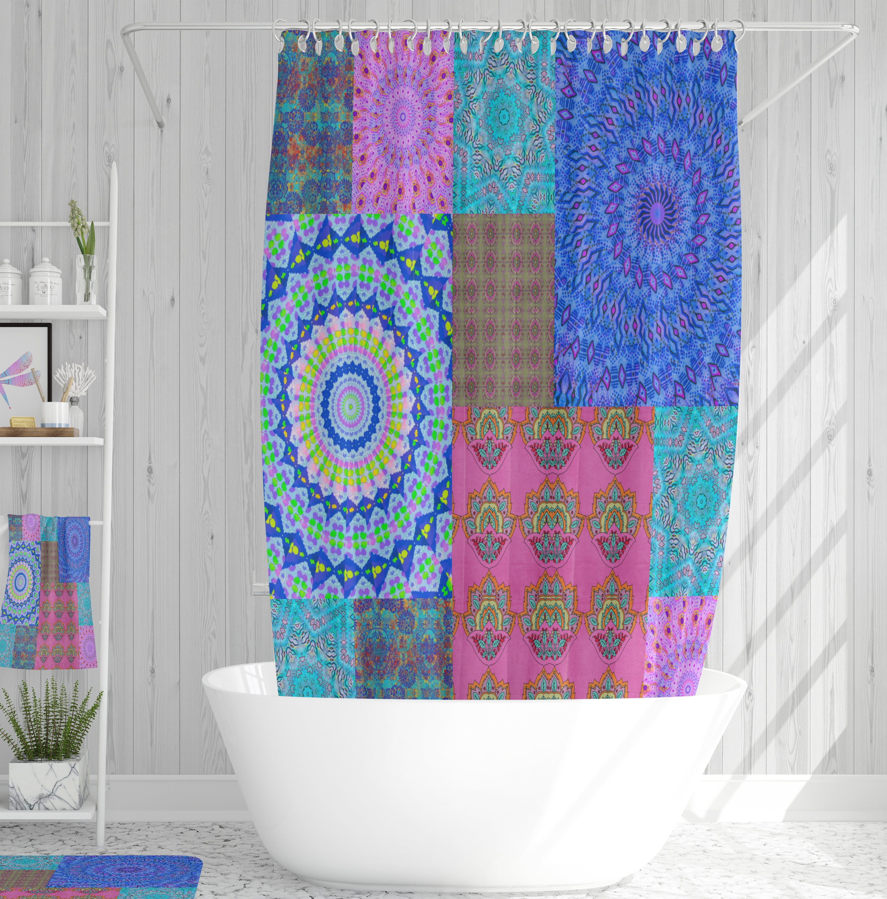 Boho Vintage Mandala Medley Shower Curtain / Unique Bohemian Bathroom Decor / Vintage-Inspired Bath Accessories - Image 2