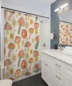 Boho Woodland Mushroom Shower Curtain | Retro Gothic Forest Bath Decor | Luxury Bathroom Shower Curtains