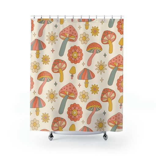 Boho Woodland Mushroom Shower Curtain | Retro Gothic Forest Bath Decor | Luxury Bathroom Shower Curtains - Image 2