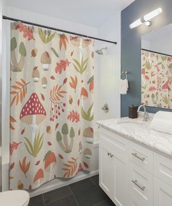 Boho Woodland Mushroom Shower Curtain | Retro Gothic Forest Bath Decor | Travel Shower Curtain