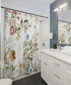 Boho Yellow Floral Shower Curtain - Colorful and Cute Bath Curtain for Farmhouse Bathroom