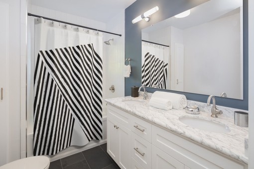 Bold Black and White Striped Shower Curtain | Designer Bathroom Decor | At Home Shower Curtains - Image 2