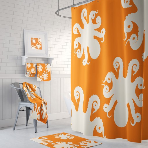 Bold Orange and Black Octopus Disney Shower Curtain Set with Optional Accessories
