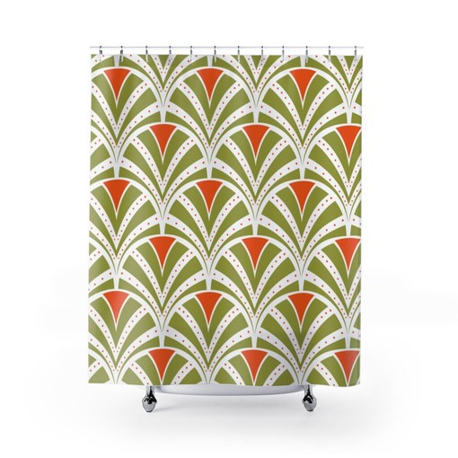 Bold Retro Art Deco Orange and Green Mid Century Modern Shower Curtain to Make a Statement in Your Bathroom