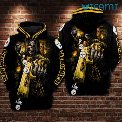 Bold Skeleton Shooting Guns Logo - Steelers All Over Print Hoodie with Cool Design