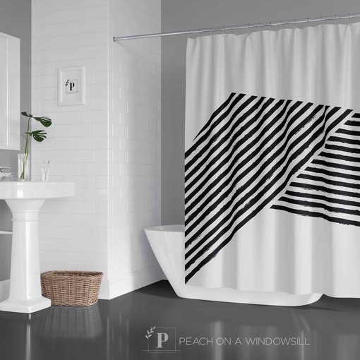Bold Urban Designer Shower Curtain with Criss Cross Black and White Abstract Design for Abstract Bathroom Decor