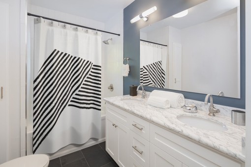 Bold Urban Designer Shower Curtain with Criss Cross Black and White Abstract Design for Abstract Bathroom Decor - Image 2