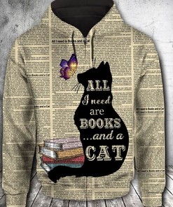 Book And Cat Lovers Zipper Hoodie All Over Print 3D Hoodie