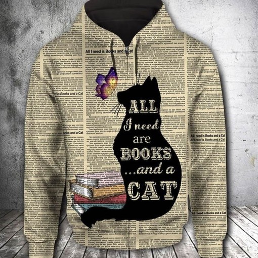 Book And Cat Lovers Zipper Hoodie All Over Print 3D Hoodie