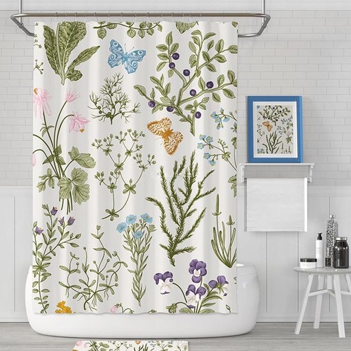 Botanical Butterfly and Wild Flowers Shower Curtain, Tropical Green Leaves, Home Bathroom Decor - Image 2