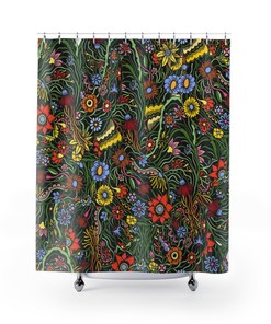 Botanical Flower Field Herb Shower Curtain: Green Plant Leaves Nature Bathroom Decor