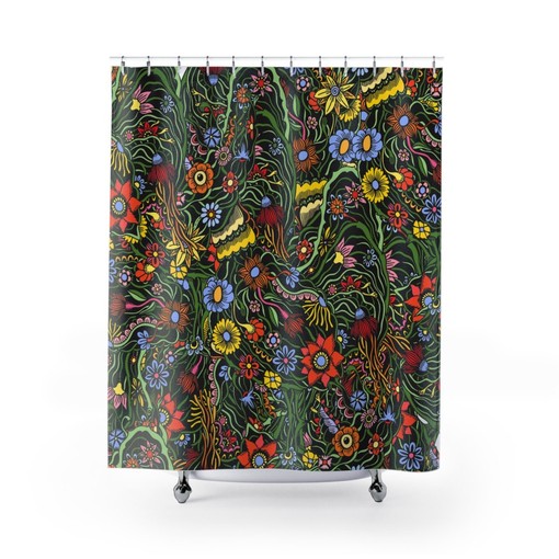 Botanical Flower Field Herb Shower Curtain: Green Plant Leaves Nature Bathroom Decor