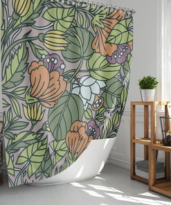 Botanical Forest Shower Curtain, Customizable Size, Green Leaves and Wildflowers Print