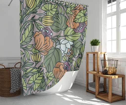 Botanical Forest Shower Curtain, Customizable Size, Green Leaves and Wildflowers Print