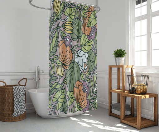 Botanical Forest Shower Curtain, Customizable Size, Green Leaves and Wildflowers Print - Image 2