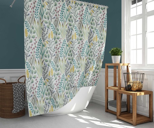 Botanical Garden Shower Curtain, Customizable Size, Green Leaves and Floral Fabric Bathroom Curtain