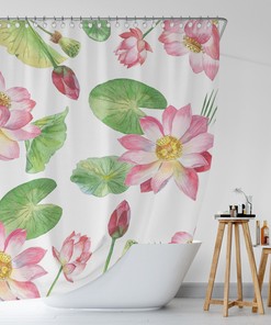 Botanical Lotus Shower Curtain | Waterproof Fabric | Floral Watercolor Pattern | Bathroom Decor | Zen Bath Design