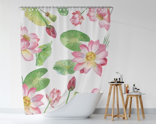 Botanical Lotus Shower Curtain | Waterproof Fabric | Floral Watercolor Pattern | Bathroom Decor | Zen Bath Design
