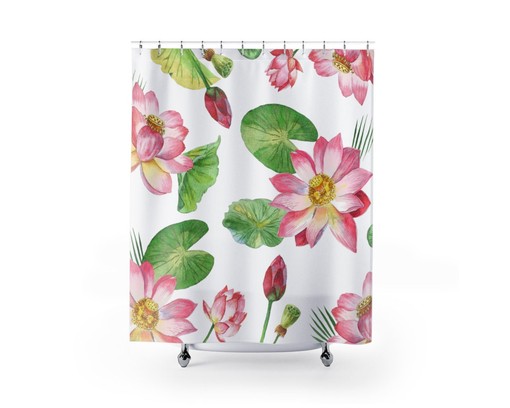 Botanical Lotus Shower Curtain | Waterproof Fabric | Floral Watercolor Pattern | Bathroom Decor | Zen Bath Design - Image 2