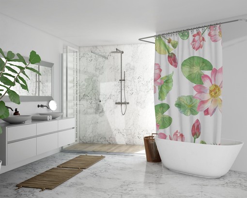 Botanical Lotus Shower Curtain | Waterproof Fabric | Floral Watercolor Pattern | Bathroom Decor | Zen Bath Design - Image 3