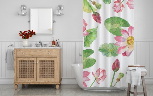 Botanical Lotus Shower Curtain | Waterproof Fabric | Floral Watercolor Pattern | Bathroom Decor | Zen Bath Design - Image 4