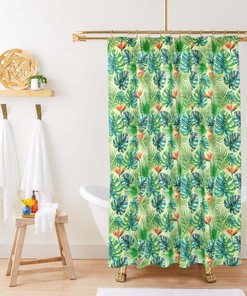 Botanical Monstera Palm Shower Curtain | Green Leaves Print Fabric | Waterproof Bathroom Mat