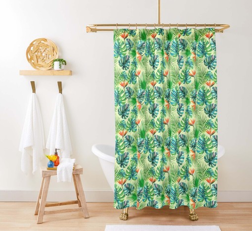Botanical Monstera Palm Shower Curtain | Green Leaves Print Fabric | Waterproof Bathroom Mat