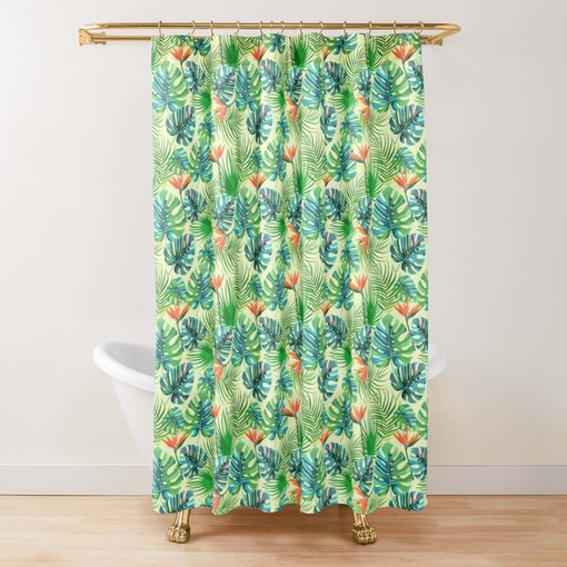 Botanical Monstera Palm Shower Curtain | Green Leaves Print Fabric | Waterproof Bathroom Mat - Image 2