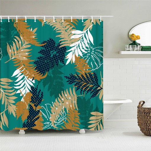 Botanical Palm Leaves Shower Curtain | Tropical Forest Green White Print | Bath Decor